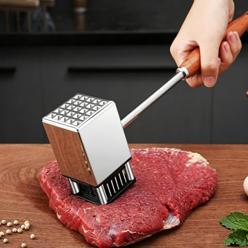 Meat Tenderizer & Meat Hammer 2 in 1, Heavy Duty Manual Hammer Mallet Tool, Ultra Sharp Needle Blades Stainless Steel, Non-Slip Premium Rosewood Handle, for Tenderizing Steak, Beef, Poultry, Pork