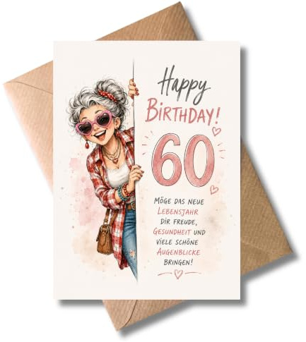 WBdesignz süße Karte zum 60. Geburtstag mit Umschlag - 60 Jahre - Lustige Glückwunsch Karte zum Geburtstag - Geburtstagsgruß - Für jung gebliebene Frauen Freundinnen Kolleginnen (DIN A6)