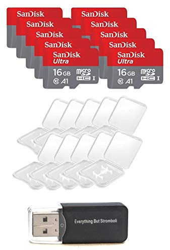 10 Pack - SanDisk Ultra 16GB Micro SD SDHC Memory Flash Card UHS-I Class 10 SDSQUAR-016G-GN6MA Wholesale Lot with 10 Plastic Jewel Cases and (1) Everything But Stromboli (TM) Card Reader