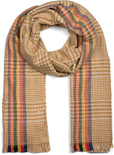 styleBREAKER Damen weicher Schal mit Pepita Hahnentritt Muster, bunten Streifen und Fransen, Winter, Stola 01017121, Farbe:Curry-Beige