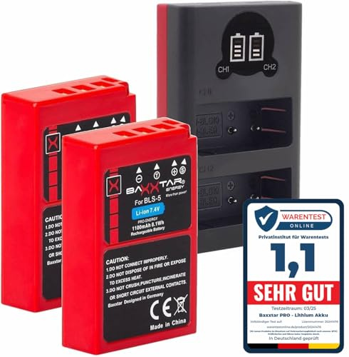Baxxtar 2X Premium Akku BLS-5 (1100 mAh) + Dual LCD USB-Ladegerät – Ersatz für Olympus BLS-5 BLS-50 BLS-1 – für OM-D E-M10 Mark II/III/IV, Pen E-PL5–E-PL10, E-P7 – Komplett-Set