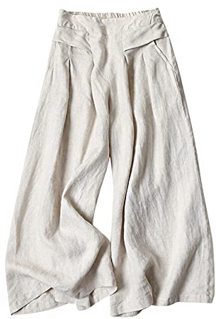 Gihuo Culottes for Women Linen Wide Leg Gauchos Capri Pants(Beige-L)