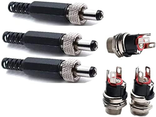 2.5mm x 5.5mm DC Male Power Plug 3-Pin Soldering Power Jack Connector and Screw Lock Female Panel Socket Mount Adapter, Sets of 3