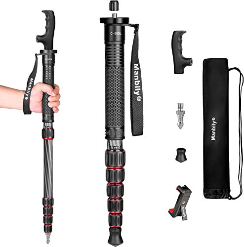 Camera Monopod Walking Stick Manbily Monopods for Cameras Stand Carbon Fiber Portable Compact Travel Monopod Unipod Stick with handle 6 Sections 61inches 15.4lbs for DSLR Video Camcorder Stand (Red)
