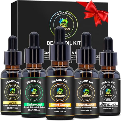 XIKEZAN Beard Oil 5 Pack w/Unscented,Cedarwood,Sandalwood,Vanilla,Orange,Christmas Stocking Stuffers Fathers Valentines Day Gifts Him Dad friend Husband,Beard Growth,Soften,Moisturizing,Strength