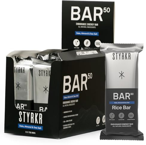 Energy Bars by Styrkr - Pack of 12 Rice Bars for Cycling & Running - Date, Almond & Dark Chocolate - Approved by Endurance Athletes - 50g of Carbs via Advanced Dual-Carb Formulation - BAR50-12x