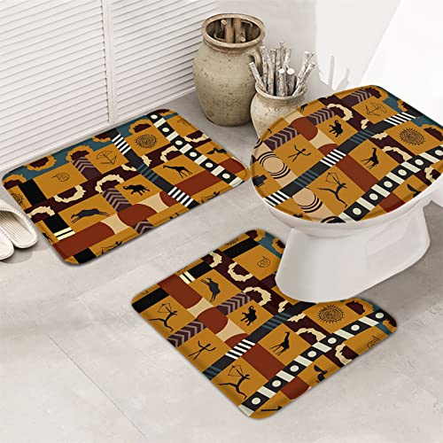 Alfombrillas De Baño Conjuntos 3 Piezas África Retro Animales Arte Abstracto Alfombra De Pedestal Lavable Alfombra De Baño De Secado Rápido para Bañera, Dormitorio, Ducha