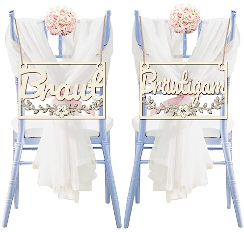 TOPJOWGA Stuhlschilder Hochzeit, 2 Stück Braut und Bräutigam Holzdeko für Stühle, Stuhlschilder aus Holz für Braut und Bräutigam, Hochzeit Stuhl Dekor Schild Hochzeitsdekoration Foto-Requisiten
