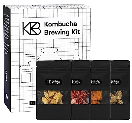 Kombucha Kit d'infusion Bundle, Kombucha Starter Kit avec culture bio Scoty et 4 saveurs d'infusion, avec récipient de fermentation, bouteille à repasser, sucre de canne brut bio, paille en verre