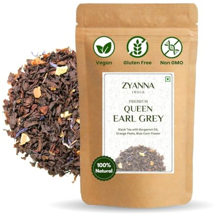 Zyanna Queen Earl Grey Tea | Premium Black Tea with Citrus Bergamot Oil, Orange Peels (100gm Bag/50 cups) Lady Loose Leaf - Natural Caffeine - Lemon Peel | Brew Hot or Iced, English Breakfast
