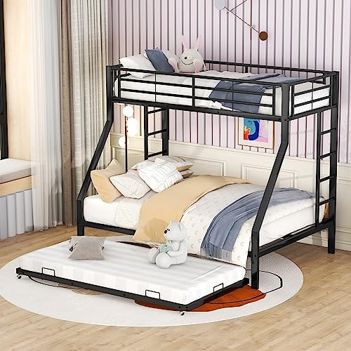 Moimhear Letto a castello, letto in metallo con letto estraibile, con scala su entrambi i lati per bambini, adolescenti, adulti, facile da montare, 90 (140) x 200 cm (nero), WX000124