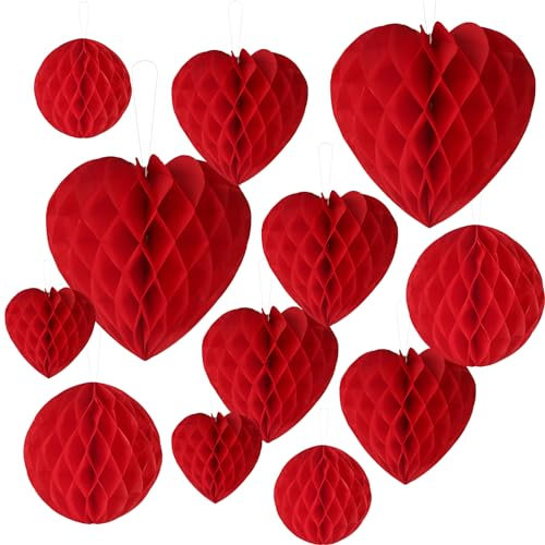 GEBETTER 12 Red Paper Heart & Round Honeycomb Balls Valentine's Day Decorations Wedding Anniversary Party Decors