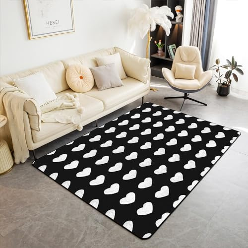 Corazón Love Alfombras para sala de estar dormitorio 100 * 150 cm Día de San Valentín alfombra romántica patrón de amor decorativo conjunto de alfombras geométricas blanco y negro alfombra interior