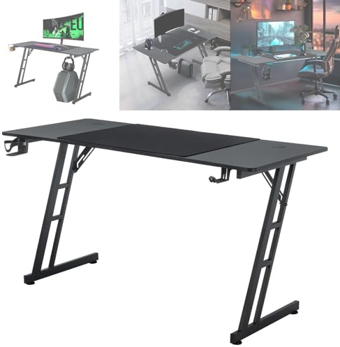 ACXIN 140x60 cm Gaming Tisch, Ergonomischer Z-förmiger Computertisch mit Kopfhörerhaken, Getränkehalter und Kohlefaser-Optik, Gaming Schreibtisch für PC, Laptop und Spiele - Schwarz