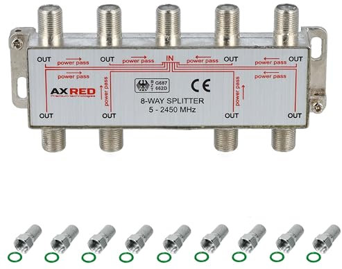 AXRED Sat Verteiler 8fach + 9X Anadol F-Stecker, für Verteilung von 1 Antennensignal auf 8 Endgeräte (Receiver/Fernseher/UKW Radio) 3-Fach Satverteiler Sat Splitter Satswitch Antennenverteiler