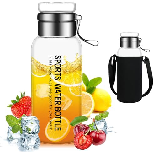 flintronic Bottiglia di vetro da 1 litro, bottiglia in vetro a prova di perdite, bottiglia d'acqua in vetro con custodia protettiva, leggera borosilicato per bevande gassate, senza BPA