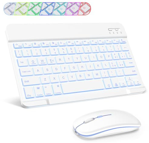SOPPY Tastiera e Mouse Bluetooth Portatili, Mini Tastiera Ricaricabile con Retroilluminazione, Wireless per iPad/Samsung Tab/Lenovo Tab/iOS/Android/Windows, Layout Italiano (Bianco)