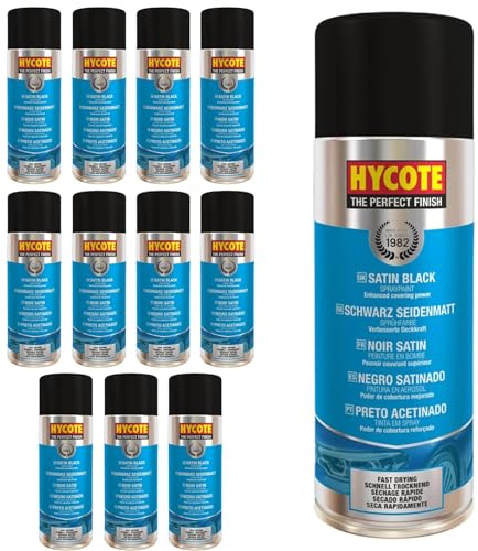 Hycote Sprühlack Schwarz Seidenmatt 400 ml (12er Pack) – Schnelltrocknender Acryl Autolack Spray mit hoher Deckkraft, für Metall, Kunststoff, Keramik und Holz