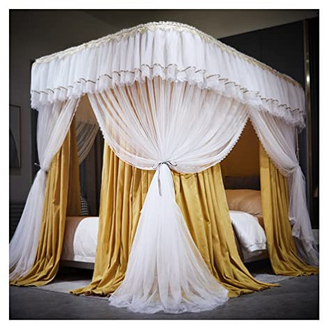 Betthimmel-Moskitonetz für Zwillings-, Queen- und King-Size-Betten, 230 cm hoher, staubdichter, verdunkelnder Bettvorhang, Schlafzimmerdekor für Einzel- und Doppelbetten mit Ständer (Farbe: Gelb, Größ