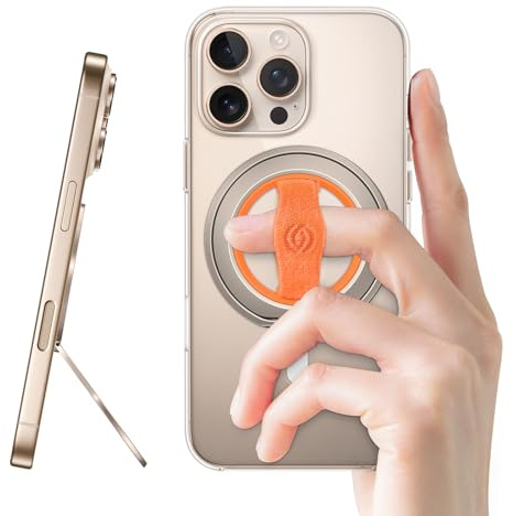 EWA MagOne 3rd Gen [Compatible with MagSafe] Phone Grip Stand with Finger Strap, Removable Magnetic Ring Holder Kickstand Loop for iPhone 17,16,15,14,13,12 Series-(Gold-Orange)