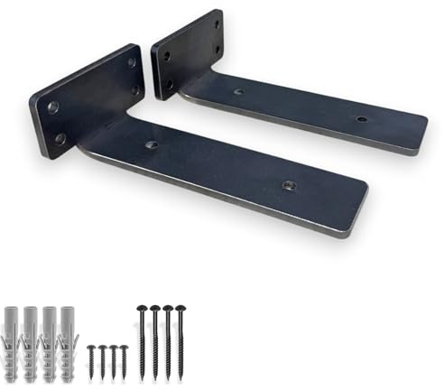 2 x Heavy Duty Scaffold Floating Shelf T Bracket Industrial Wall Support Black (Raw Steel 2 Pack, 15cm)