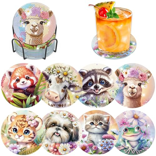 Lxmsja 8 STK Diamond Painting Untersetzer Tier mit Halter, Diamant Bilder für Tiere, Tassenuntersetzer mit Kork, Basteln Kreativ Set für Erwachsene Frauen
