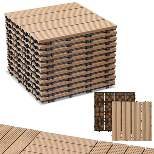 Randaco WPC terrassplattor, set om 55 för 5 m² 30 x 30 cm WPC plattor balkongplattor terrass med dränering och klicksystem, lätt att lägga på, vattentät och halkfri, teak