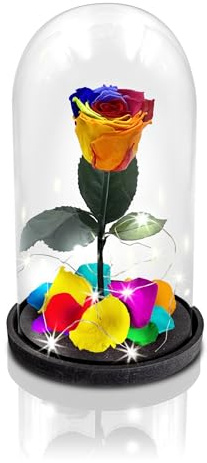 Aluisi Fiori - Rosa Stabilizzata Multicolore - Base in Legno Nero con LED - Rosa Stabilizzata Vera in Campana di Vetro - Fiori Stabilizzati