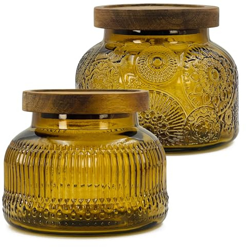 Decorative Amber Glass Jars with Airtight Wooden Lids 2 pack, 25.4 fl. oz | Wide mouth vintage storage canister, kitchen pantry bathroom organization, coffee sugar tea cookie candy candle vase gift