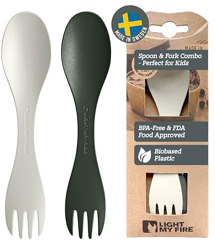 Light My Fire Spork Original - Fourchette Cuillère de Camping pour Enfants - Couvert de Camping 2-en-1 - Fourchette-Cuillère Réutilisable (2pack Little SageGreen/Cream)