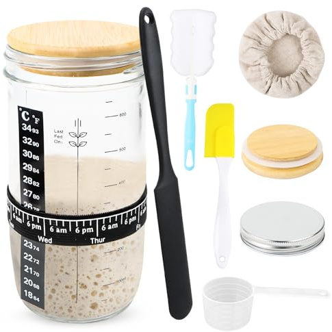 Sourdough Starter Set, 700 ml Sourdough Fermentation Jar with Wooden Cover, Stainless Steel Cover, Fabric Cap, Positioning Tape, Temperature Sticker, Measuring Spoon, Black Scraper, Yellow Mixing