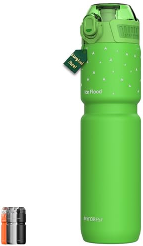 MYFOREST 0,7 Litre Bouteille d'eau de Cyclisme Isotherme, 700 ml Vélo Gourde, Acier Inoxydable Chirurgical: Pas de goût de plastique, Adhérence renforcée sur gravier (Vert citron)