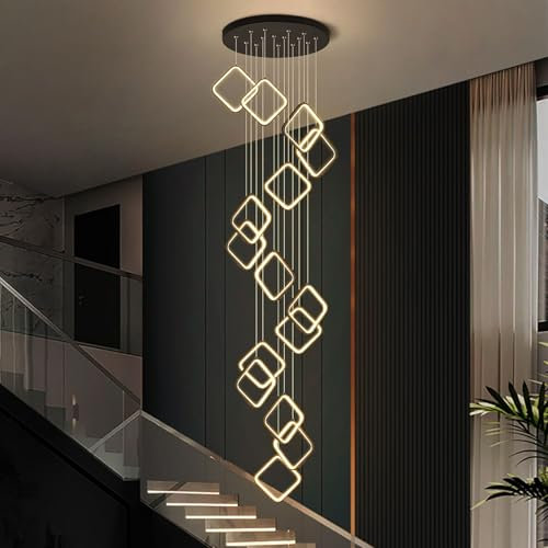 15 Lights Spiral Staircase Chandelier with Remote control,Modern Dimmable LED Chandelier DIY shape,300cm Adjustable Height Ceiling Light for Villa,Arch,High Ceiling Foyer(15 lights, Squar)