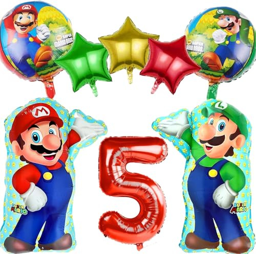 8 Stück Mario Geburtstag Deko 5 Jahr Kinder,Cartoon Geburtstag Deko für Kinder,Folienballons für Jungen Mädchen