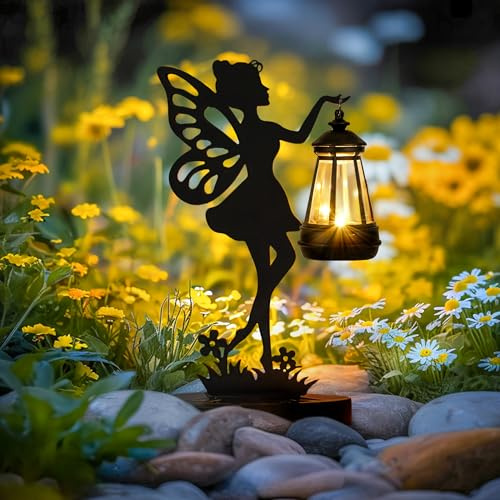 GIGALUMI Lot de 1 Statues de Fée en Fer avec Lampes Solaires - Décorations de Jardin étanches pour Terrasse, Cour, Unique pour Maman