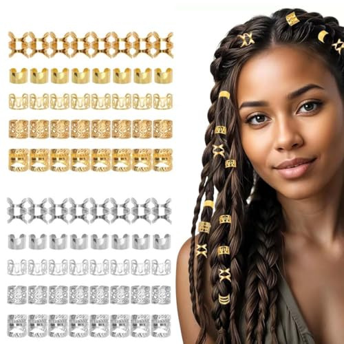KEWUF 80 Stück Haarschmuck Gold Dreadlocks Schmuck, Goldener Pirat Haarschmuck für Zöpfe Haarringe, Loc Schmuck für Haar Haarspiralen, Verstellbar Cuffs Haar Dreadlock Zubehör für Damen Mädchen