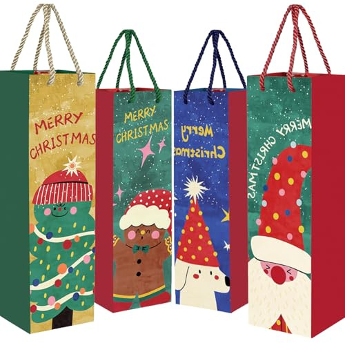 MORAINJAY 12 x Weihnachts-Flaschentüten für Wein, Kraftpapier, Weihnachts-Wein-Geschenktüten mit Griffen, einzelne Champagnerflaschen-Geschenktasche für Whiskey, Weihnachtsgeschenke Verpackung (D)