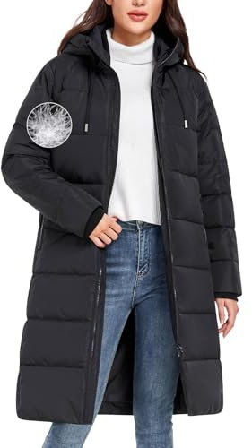 NRZD Women's Puffer Coats Long Down Winter Coats with Duck Down & Feathers Filling, Warm Thick Puffer Jackets with Drawstring Hood(Black,L)