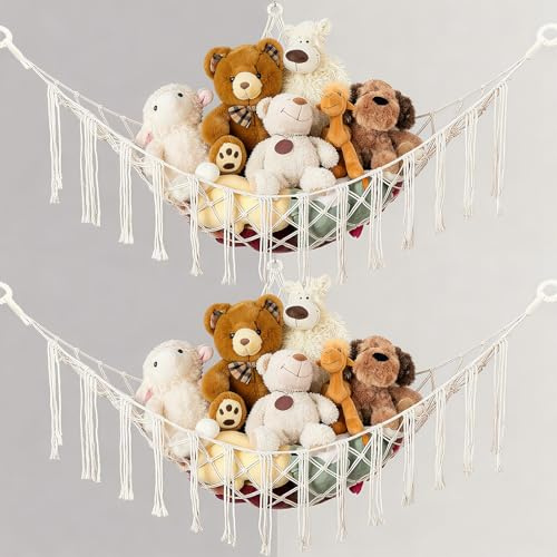 2 stück Kuscheltier Aufbewahrung Netz, Teddybär-Aufbewahrungstasche zum Aufhängen, Bohemian-Stil-Spielzeug-Hängematte Zimmerecke Aufbewahrungsnetz für Kinderzimmer, Beige