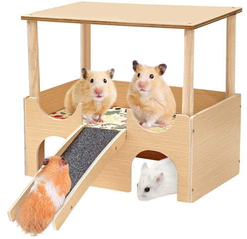 Stor marsvin hussk, marsvin hus av trä, flervåningshus marsvin gömställe, trähus med ramp och mattor, hamster gömställe plattform för små husdjur dvärghamstrar racermöss
