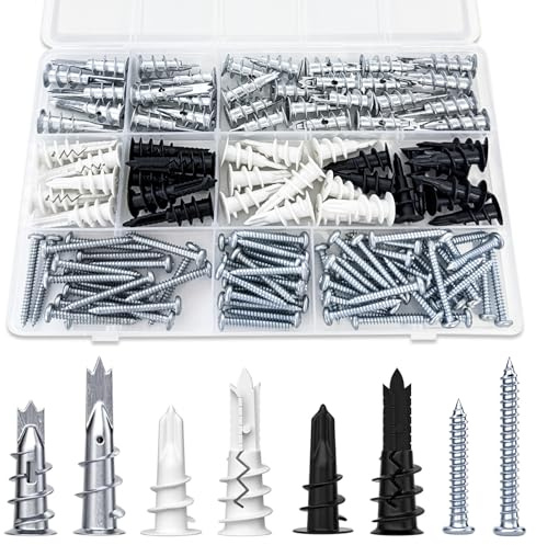 130Pcs Plasterboard Fixings,Screws and Wall Plugs Set | Plasterboard Wall Plug, Self Drilling Dry Wall Anchor Screws,for Plaster Boards,Wood and Composite Boards
