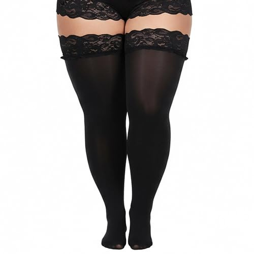 Prasacco Plus Size Thigh High Stockings, Women Sheer Lace Top Stay Up Pantyhose 55D Lingerie Silicone Lace Top Plus Size Thigh High Socks Valentine's Day Stockings