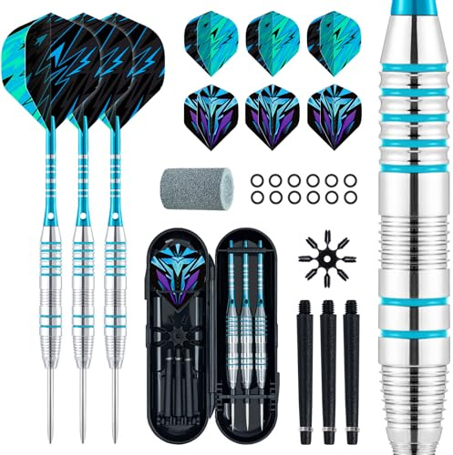 XAWU 3-pack stålspetsdartset professionella dartpilar 22 g med 9 dartflygningar, 3 aluminiumaxlar, 3 reservaxlar, 1 pilvässare, 12 gummi-O-ringar flygskydd och dartfodral