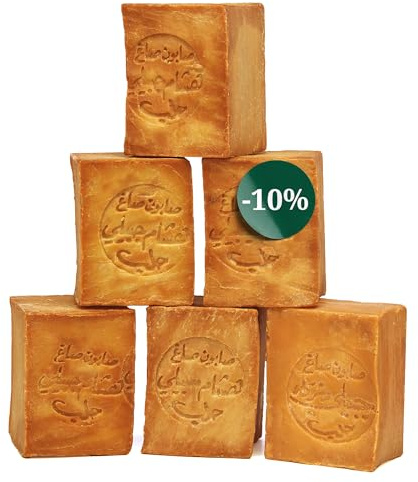 GRÜNE VALERIE® Original Aleppo Seife Set 6 x 200g (1200g+) mit 20% / 80% Lorbeeröl/Olivenöl | 6 Jahre gereift | Feste Seife, Naturseife/Haarseife/Duschseife | Handarbeit | DERMATEST:Exzellent