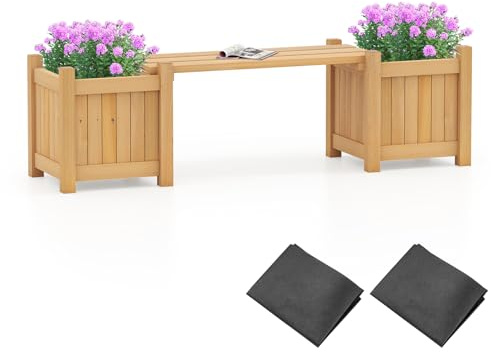 TANGZON Wood Planter Box with Bench, Raised Garden Bed with Seat & Open-ended Base, Outdoor Flower Planter Kit Patio Decor Bench for Garden Yard Balcon (Natural,2 Planter Box, 105 x 26 x 30 cm)