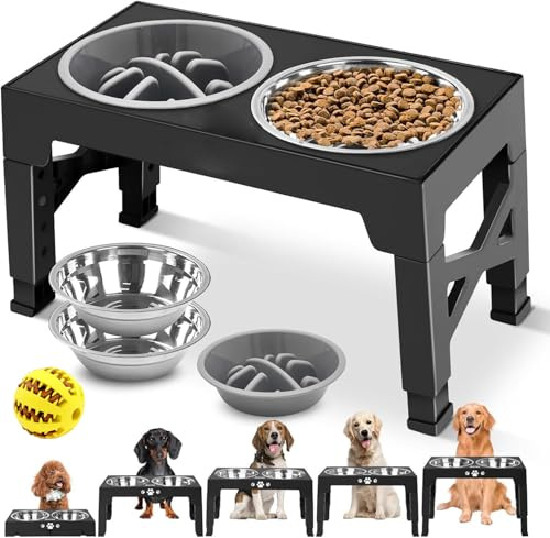 Raised Dog Bowls for Medium Large Dogs，Elevated Dog Bowls with Slow Feeder Bowl & 2 Stainless Steel Dog Food Bowls，5 Heights Adjustable，Non-Slip ，Dog Feeding Station for Traveling