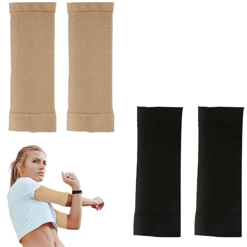 CUWERFO 2 Pairs Upper Arm Support, Compression Arm Sleeve, Arm Slimming Sleeves, Slimming Arm Shaper Sleeve, for Sun Protection Tattoo Cover Up(Black, Skin Tone 28 * 6.5cm)