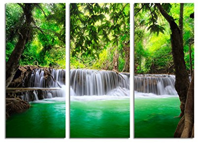 Paul Sinus Art 130x90cm – Keilrahmenbild Wasserfall grünes Wasser Bäume 3teiliges Wandbild auf Leinwand und Keilrahmen - Fotobild Kunstdruck Artprint