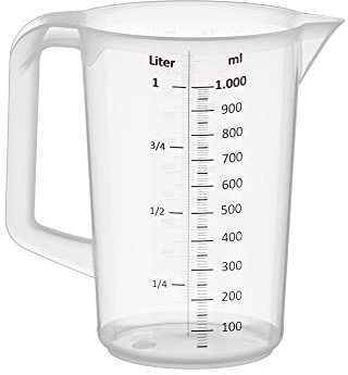 APS 30047 Messbecher 1 Liter, Ø 12 x H: 17 cm, Kunststoffbecher mit geprägter Maßskalierung außen, geschlossener Griff, 1- und ml-Liter- Einteilung, spülmaschinengeeignet