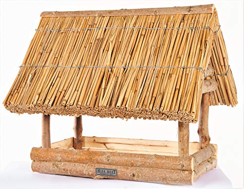 Hiss Reet Vogelhaus mit Reetdach | Vogelfutterhaus SPREEWALD | Größe L | Holz Futterhaus für Vögel aus 100% Handarbeit I Ideal für Balkon, Garten & Terrasse I Witterungsbeständig